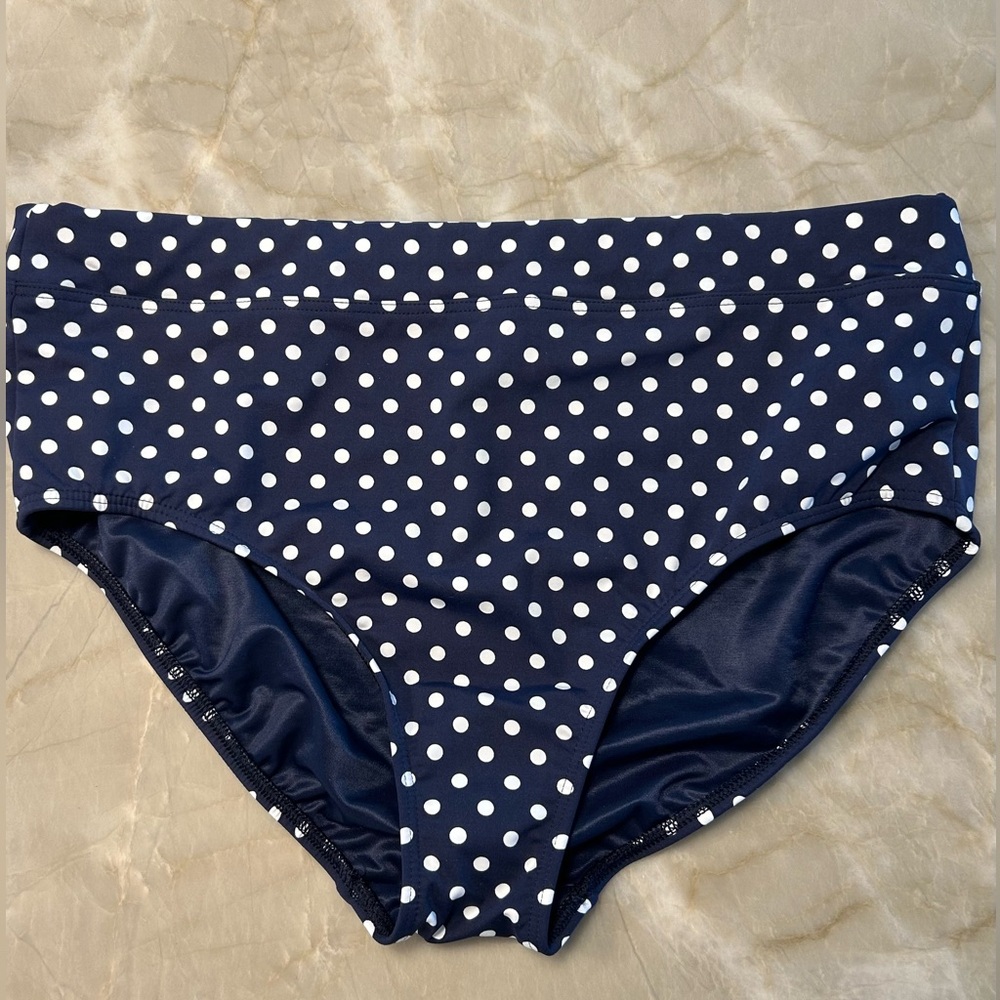 NWT Lands’ End Navy Polka Dot Women’s Swimwear High Waisted Bikini Bottom